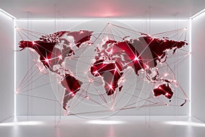 Futuristic Digital Red World Map with Glowing Dots and Grid Patterns