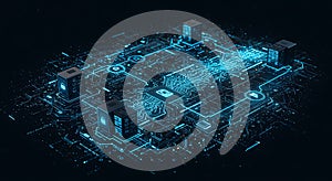A futuristic digital rendering depicting a glowing, blue circuit board with
