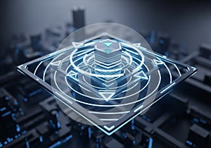 Futuristic digital rendering features a floating 3D geometric