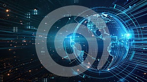 A futuristic digital rendering of a globe surrounded by digital