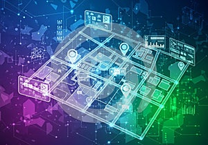 Futuristic digital rendering showing a virtual map interface.