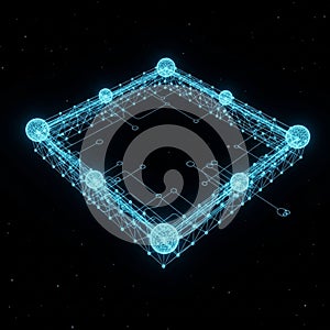 A futuristic digital representation features a geometric structure composed of