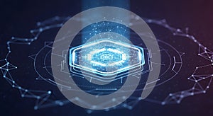 Futuristic digital representation featuring a glowing hexagonal shape
