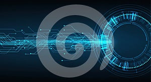 Futuristic digital ring with flowing neon blue lines and data streams abstract technology background