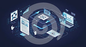 Futuristic digital scene illustrating data processing and artificial intelligence. Central