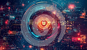 Futuristic digital security concept with glowing padlock icon surrounded by data and technology elements
