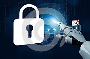 Futuristic digital security concept with robotic hand and lock symbol representing password protection and data privacy