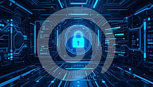 Futuristic Digital Security Interface with Blue Lock Symbol and Technology Elements in Cyber Environment
