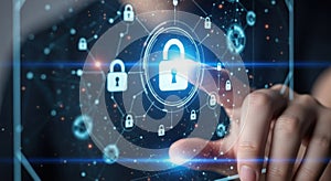 Futuristic digital security interface cybersecurity network protection technology touchscreen interaction