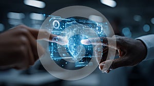 Futuristic digital security interface between hands
