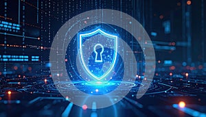 futuristic digital security shield with lock icon glowing in a data network with binary code and holographic security symbols