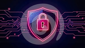 Futuristic digital security shield with padlock icon and data lines, technology