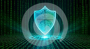 Futuristic Digital Shield over Binary Code Background