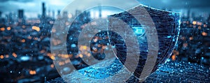 Futuristic digital shield representing high-tech cybersecurity