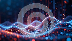 Futuristic digital sound wave visualization with dynamic data and dots background.