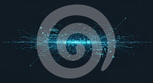 Futuristic digital soundwave visualization featuring intricate circuit patterns and neon