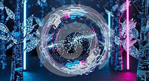 Futuristic Digital Sphere with Binary Code in Neon-Lit Environment