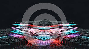 Futuristic digital stack with vibrant light trails