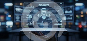Digital tablet displaying big data analytics hologram in server room