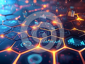 Futuristic digital technology abstract background with glowing hexagon patterns and data visualizations