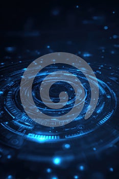 Futuristic digital technology background with circular interfaces and glowing blue elements