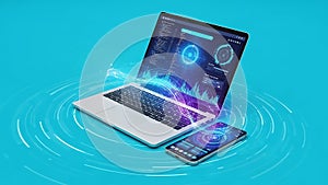 Futuristic digital technology and data flow on a blue background