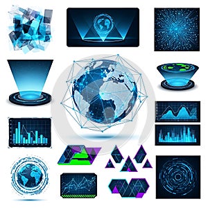 Futuristic digital technology and global network graphics collage