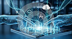 Futuristic digital technology interface with glowing data streams