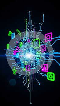 Futuristic Digital Technology Network with Neon Circuitry and Data Icons