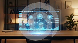 Futuristic digital transformation interface displaying data graphs and binary code