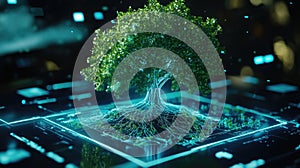 Futuristic digital tree with neon roots on holographic interface