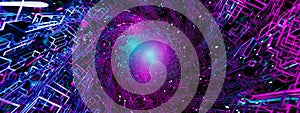 Futuristic digital tunnel abstract background neon lights glowing geometric shapes cyber space technology innovation sci-fi energy photo