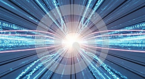 A futuristic digital tunnel with binary code and a bright light at the end