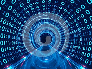 Futuristic Digital Tunnel with Glowing Binary Code and Red Light Trails photo