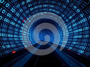 Futuristic Digital Tunnel with Glowing Binary Code and Red Light Trails photo