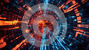 Digital data stream flowing through abstract technology tunnel