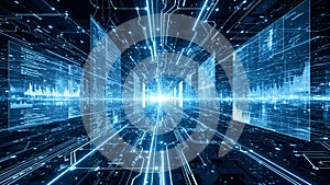 Futuristic Digital Tunnel with Light Rays