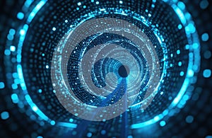 Futuristic digital tunnel made of binary code. Tech design, abstract concept of information flow, data transfer, cyberspace.