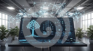 Futuristic digital twin interface displays data visualization and network connections