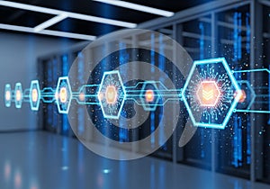 A futuristic digital visualization of blockchain technology. The image