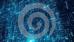 Immersive visualization of data processing within a futuristic interconnected digital landscape