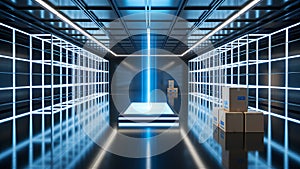 Futuristic Digital Warehouse with Illuminated Grid Technology
