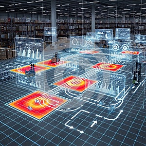 Futuristic digital warehouse management system with advanced data visualization and automation technology