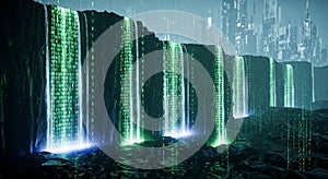 Futuristic Digital Waterfall with Binary Code and Cityscape