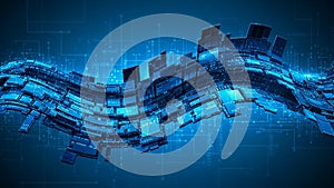 Futuristic digital wave of interconnected data streams and glowing blue circuits
