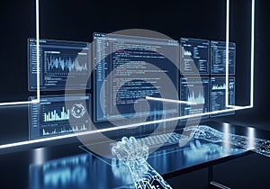 Futuristic digital workspace featuring holographic screens displaying graphs, charts, and code. A