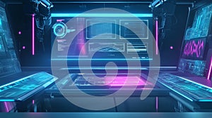Futuristic digital workspace with holographic displays and neon lights, showcasing advanced technology and data visualization in a