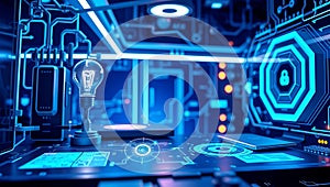 Futuristic Digital Workspace with Idea Bulb and Cybersecurity Lock