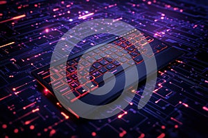 Futuristic Digital Workspace with Keyboard and Coding Programmer in Cyber Environment