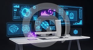 Futuristic digital workstation with multiple monitors displaying advanced data visualizations